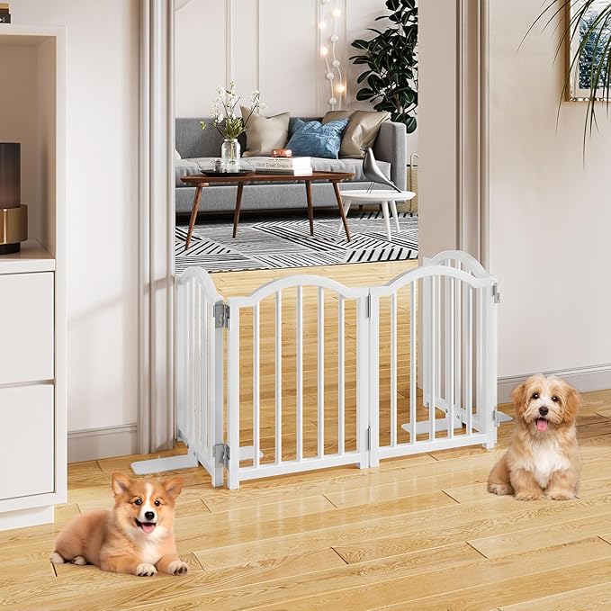 Snughome Short Dog Gate Indoor, 16" High Freestanding Small Dog Door Gates with Support Feet, Expands Up to 48’’ Wide Foldable Pet Gate for Doorway, 4 Panel Folding Pet Door Pet Fence for Puppy, White