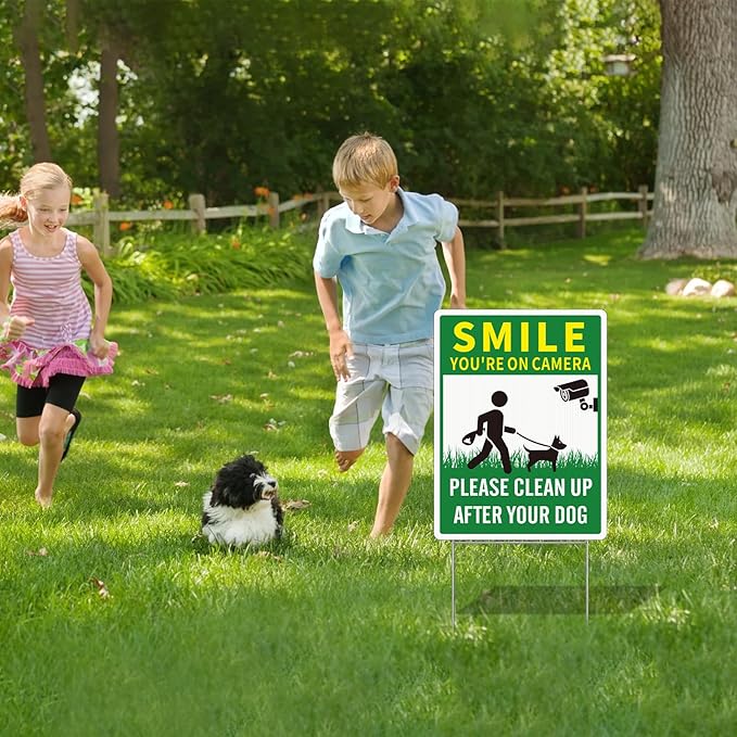 2 Pack Clean UP After Your Dog Signs, Funny Smile You're On Camera Yard Sign, 12.6X9.4 inches Corrugated Plastic Double Sided Sign with Metal H-Stake, No Pooping Dog Signs for Yard, Easy to Mount