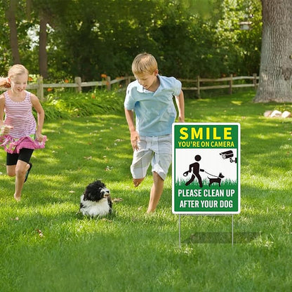2 Pack Clean UP After Your Dog Signs, Funny Smile You're On Camera Yard Sign, 12.6X9.4 inches Corrugated Plastic Double Sided Sign with Metal H-Stake, No Pooping Dog Signs for Yard, Easy to Mount