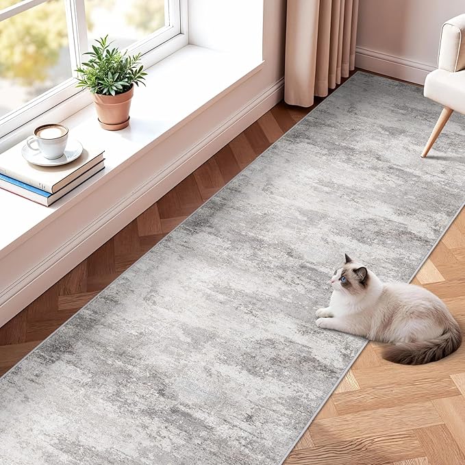 2'6x14 Extra Long Runner Rug : Washable Non-Slip Carpet for Hallway - Soft Kitchen Rugs Thin Low Pile Floor Mat for Bedroom Abstract Home Decor 2.6x14 Grey