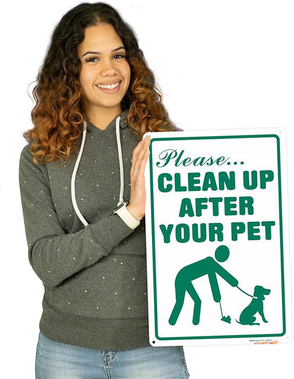 Brimar - 12" x 18" - Clean Up After Your Pet Sign - .063″ White Rust-Free Aluminum - Clear Message - Easy Installation