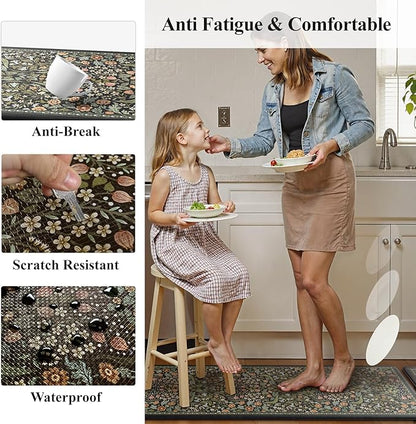 Collive Kitchen Mats for Floor 2PCS, Cushioned Anti Fatigue Mat Non Slip Waterproof Kitchens Sink Rug, Vintage Spring Floral Rugs Comfort Standing Mat for Laundry, Desk, Bar, Office, Black