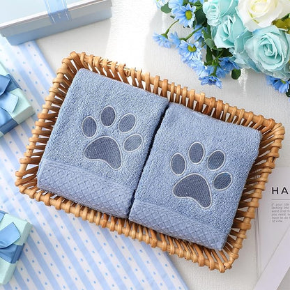 2 Pcs Dog Paw Hand Towels Blue Bathroom Decor 13 x 29 Inch 100% Cotton Embroidered Hand Towels Soft Absorbent Farmhouse for Kitchen Restroom