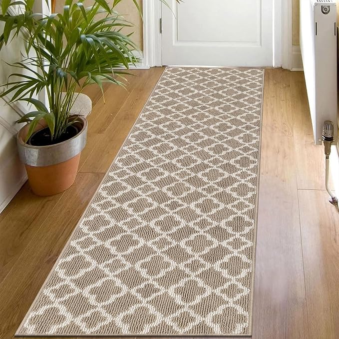 U'Artlines Long Runner Rug for Hallway 2×8feet Non Slip Kitchen Floor Carpet Runners Beige Geometric Pattern Machine Washable Area Rug for Entryway Bathroom