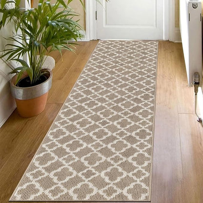 U'Artlines Long Runner Rug for Hallway 2×8feet Non Slip Kitchen Floor Carpet Runners Beige Geometric Pattern Machine Washable Area Rug for Entryway Bathroom