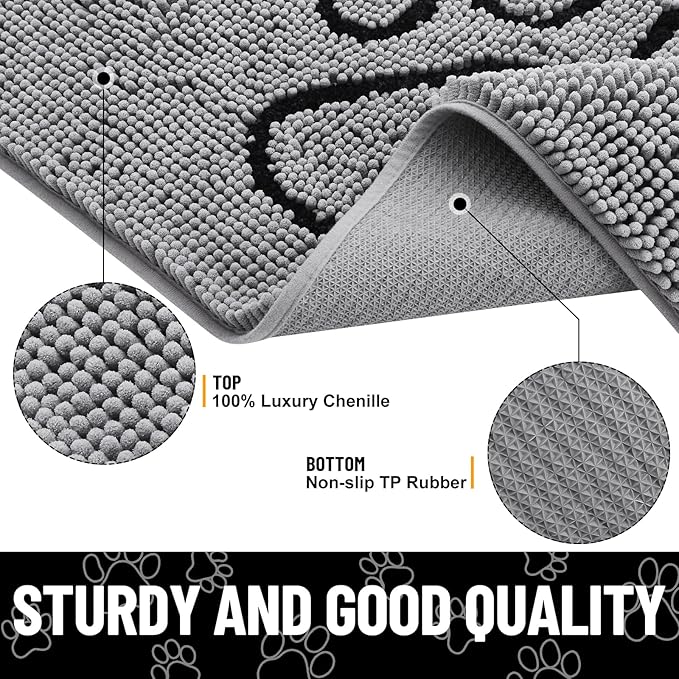 Smiry 2 Piece Dog Door Mat for Muddy Paws, Absorbent Dirt Trapper Non Slip Quick Dry Washable Chenille Mat for Mud Dogs, Entry Rug for Indoor and Outdoor (24x16 Inches, Grey)