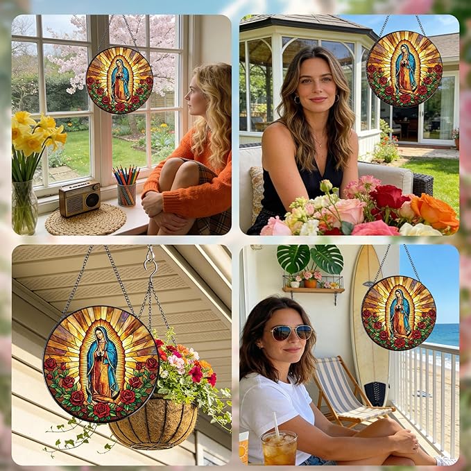 Virgen De Guadalupe Stained Glass Window Hanging, Christian Gifts Sun Catcher Housewarming, Decorative Suncatchers Religious Gifts for Wall Art Landscape Home Decor 8 Inch