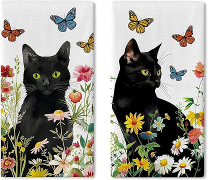 Spring Summer Black Cat Floral Kitchen Dish Towels Set of 2, Daisy Flower Butterfly Drying Hand Towel Baking Cooking Cloth, Wildflower Bathroom Home Decoration Pet Cat Owner Lover Gift 18''x26''