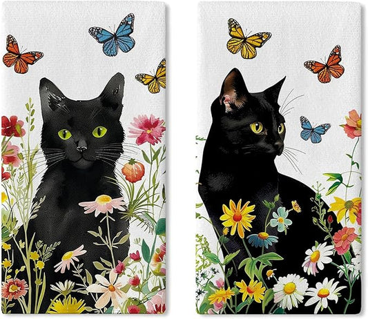 Spring Summer Black Cat Floral Kitchen Dish Towels Set of 2, Daisy Flower Butterfly Drying Hand Towel Baking Cooking Cloth, Wildflower Bathroom Home Decoration Pet Cat Owner Lover Gift 18''x26''