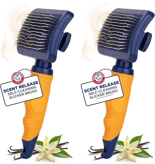 Arm & Hammer Deodorizing Slicker Brush for Dogs with Fragrance Transfer Technology – Scented Self-cleaning Dog Brush - Dog Grooming Brush for Shedding, Sweet Lily & Vanilla Scent - 2 Pack