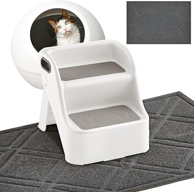 Marsui 2 Pack Cat Ramp for Litter Box Steps with 23" x 35" Non Slip Cat Mat Dog Stairs Rubber Feet Step for Automatic Litter Box Older Elderly Small Cats Animal Pets