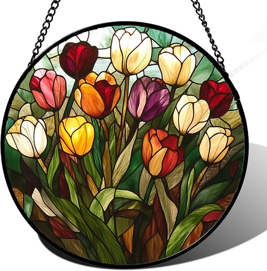Stained Glass Window Hanging Colorful Tulip 7.8" - Flower Suncatcher Door Garden Sun Catcher Home Plant Decor Birthday Mother's Day for Mom Woman Friend Nana Colleague