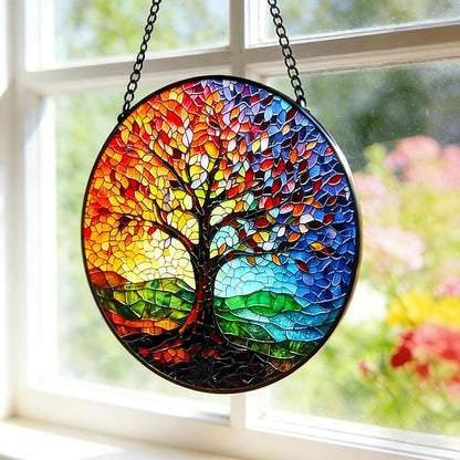 Stained Glass Tree of Life Suncatcher - 7.8In Handcrafted Window Hanging & Wall Art for Home, Living Room, Garden & Outdoor Porch Decor - Birthday, for Women Mom Teacher