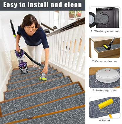 15Pcs Stair Treads for Wooden Steps Indoor with Self Adhesive, 8"x30" Non Slip Stair Runners-Peel & Stick Indoor Stair Carpet Runner, Resistant Indoor Runner for Kids、Elders and Pets, Grey