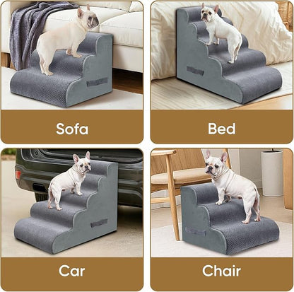 PAWSCART Pet Stairs for Dogs 3-Step, 15.7" H Pet Stairs for High Bed, Couch Sofa & Chair, 30D Material Soft Foam Dog Steps with Non-Slip Bottom Surface Removable Washable Cover, Grey