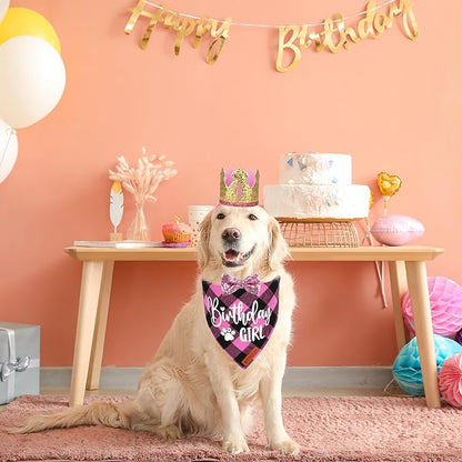 ADOGGYGO Dog Birthday Party Supplies, Pink Plaid Birthday Girl Dog Bandana, Golden Pet Party Hat with Numbers, Bowtie for Medium Large Pets (Large)