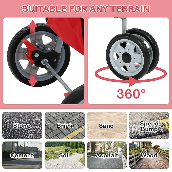 3 Wheels Dog Stroller, Foldable Pet Stroller for Small Medium Dogs, Portable Breathable Cat Stroller Dog Strollers with Storage Basket, Cup Holders, Removable Liner for Travel & Outdoor Use, Red