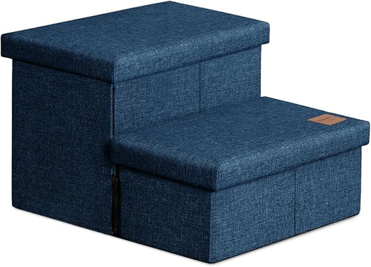 Love's cabin Dog Stairs with Storage 13" H, Foldable Pet Stairs for Small Medium or Large Dogs, Cat Puppy Steps Ramp with Zip up to 150 lbs, Navy Blue, 2 Steps