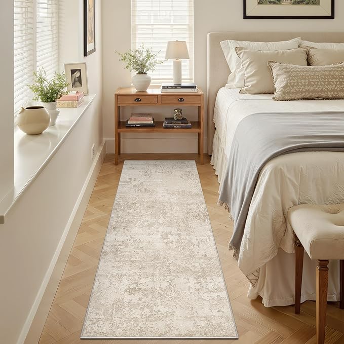 Art&Tuft Non-Slip Runner Rug - 2‘6x8 Runner Rug Washable Low-Pile Rugs Runners, Soft Distressed Carpet Runner for Bedroom Bathroom Kitchen Laundry Living Room, Beige