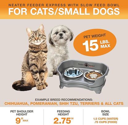 Neater Feeder Express Mess Proof Dog Bowls Elevated for Small Breed – Made in USA – No Spill Raised Slow Feeder Elevated Dog Bowl Stand, Stainless Steel Food and Water Bowl Set, Grey