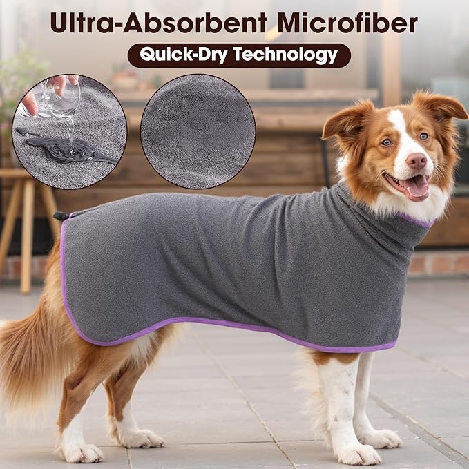 Microfibre Dog Bathrobe Towel Wrap Super Absorbent Dog Drying Coat Bath Robe for Puppy, Medium & Large Dogs, Fast Drying, Adjustable