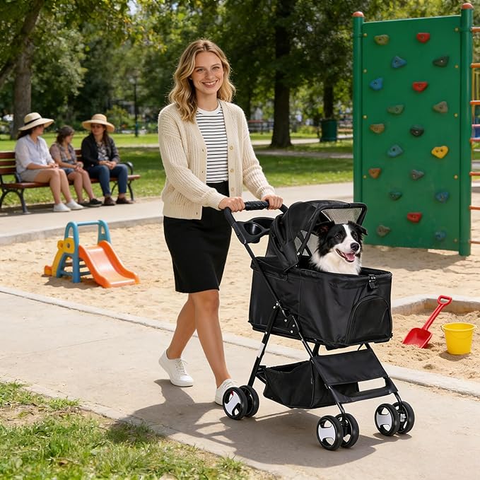 4 Wheels Foldable Pet Dog Cat Jogger Stroller Travel Carrier Strolling Cart w/Waterproof Cover Storage Basket Cup Holder & Detachable Carrier for Medium Small Cat Dog, Black
