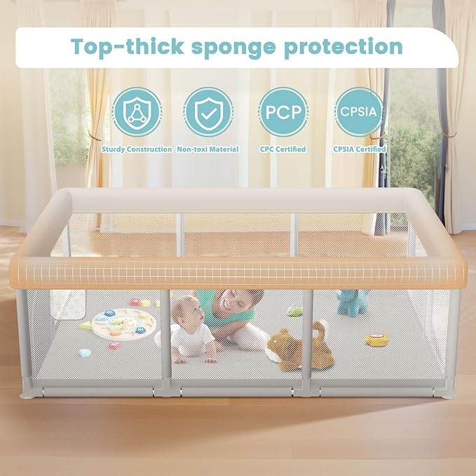 Baby Playpen Extra Large Play Yard 74" x 50" Playpen for Babies and Toddlers with Anti-Slip Suckers and Zipper Gate, Safety Baby Activity Center for Indoor & Outdoor