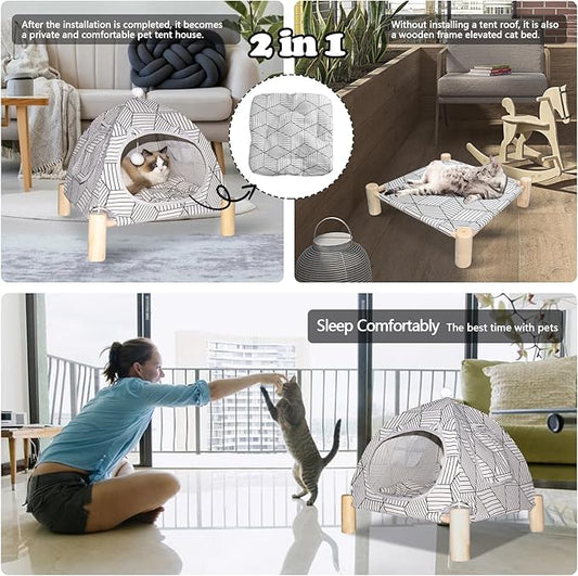 2-in-1 Elevated Cat Tent Cat House, Quick Assembly and Disassembly, Portable Indoor/Outdoor Cute Cat Bed Cave-White Diamond Pattern