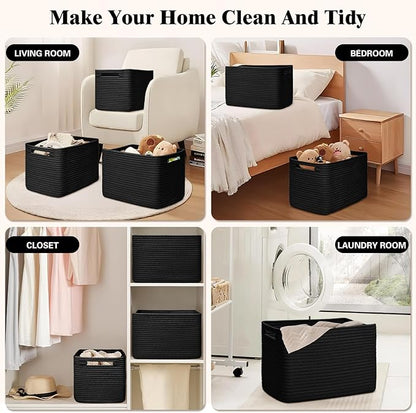 Storage Baskets for Organizing, 4 Pack Baskets for Shelves, Decorative Storage Bins for Shelves, Cotton Rope Storage Basket with Handles, Woven Basket for Storage, 13''Lx8.7''Wx7.9''H, Black