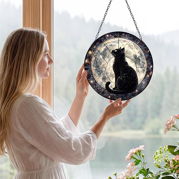 Sanwarm Stained Glass Window Hanging, Black Cat Moon Galaxy Suncatcher Window Decor for Indoor Home Sun Catcher Ornament, Mother’s Day & Birthday Gift for Women, Men, Mom & Nana, 7.8 in