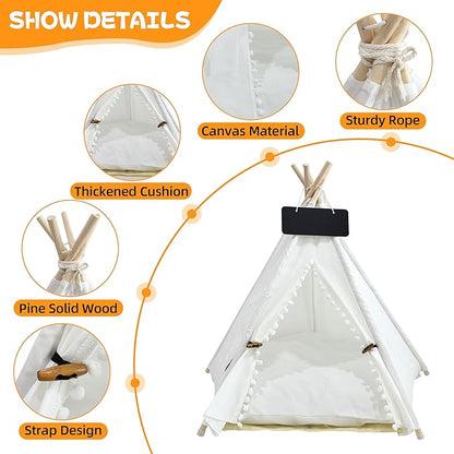 Pet Teepee, Portable Pet Tents for Small Dogs or Cats, Puppy Sweet Bed Washable Dog or Cat Houses with Cushion-White Flower Buds-M