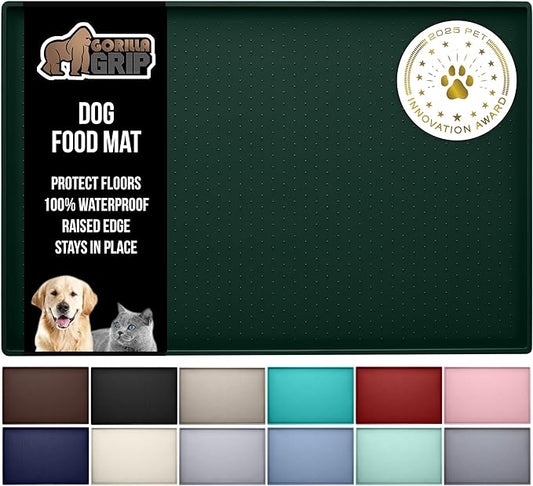 GORILLA GRIP 100% Waterproof Raised Edge BPA Free Silicone Pet Feeding Mat, Dog Cat Food Mats Contain Spills Protects Floors, Placemats for Cats and Dogs Water Bowl, Pets Accessories 16x10, Green