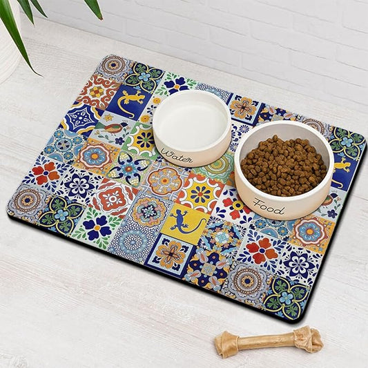 Moroccan Trellis Dog Food & Water Mat,Mexican Talavera Boho Colorful Colorful Pet Feeding Mat for Floor Non-Slip Waterproof, Super Absorbent Cat Bowl Mat, Easy to Clean Durable Pet Placemat,16" × 24"