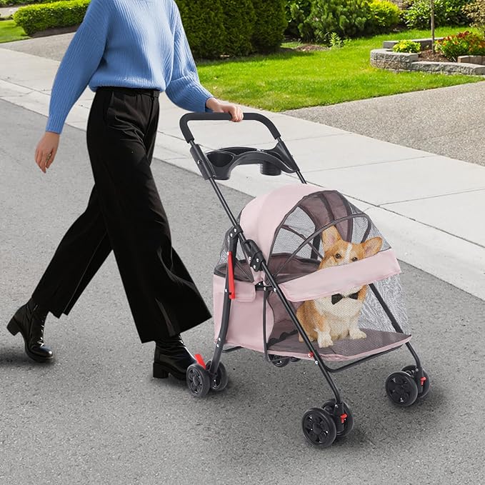 Pet Stroller for Small Medium Dogs Cats, Lightweight Foldable Pet Wagon with 360° Front Wheels & Brake, 40 lbs Capacity Carrier for Park Travel Shopping, Breathable Mesh Basket (Pale Pinkish Grey)