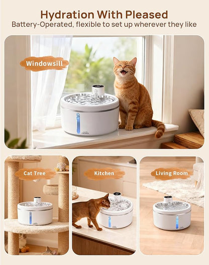 Wireless Cat Water Fountain with Stainless Steel Tray, 84oz/2.5L Pet Fountain for Cats Inside, Cat Fountain for Drinking with Motion Sensor, Ultra Quiet Pump for Pets&Small Animals (84oz+2Filters)