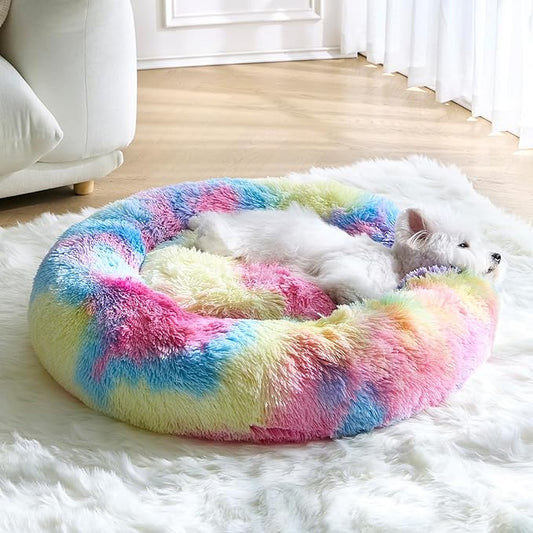 Calming Small Dog Bed, Donut Fluffy Anti-Anxiety Round Washable Cute Bed, Plush Cozy Cuddler Warming Soft Comfort Pet Bed for Small Medium Dogs Cats,28inch, Rainbow