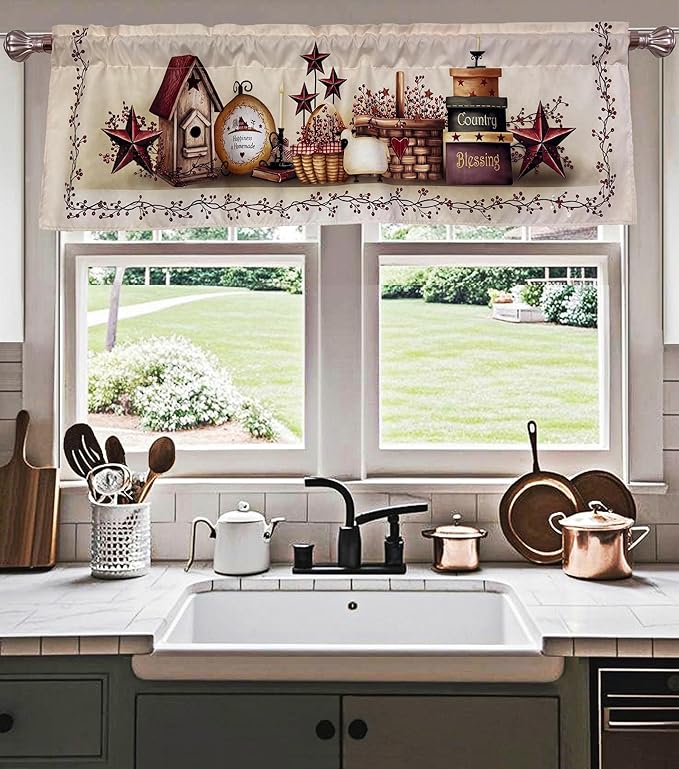 Country Stars Farmhouse Window Curtain Valance Boho for Decorative Privacy Rod Pocket 52 X 16 Inches