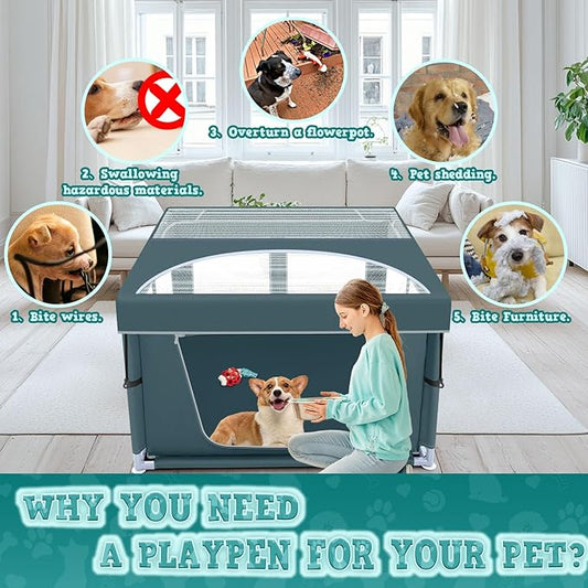 42x42 Inch Puppy Playpen with Cover, Dog Playpen for Puppies or Small Dogs, Pet Playpen for Indoor & Outdoor, Sturdy DogPen with Thickened Fabric, High-Strength Nylon Wire Mesh, Bluish Green
