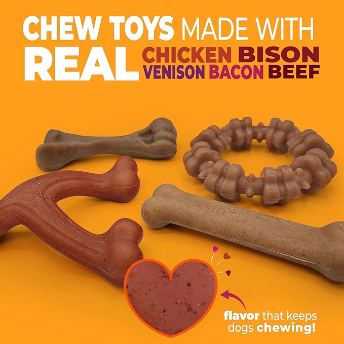 Nylabone Strong Chew Toy 4-Pack Bundle for Dogs Made with Real Bacon, Bison, Venison, Beef, & Chicken, Durable Dog Chew Bones for Aggressive Chewers, Small Dog Toys - Up to 25 lbs, 4 Count