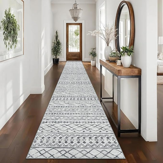 KUTA Long Hallway Runner Rug 2.6x16 Non-Slip Washable, Moroccan Vintage Beige Boho Kitchen Rugs Ultra Soft Distressed Geometric Floor Carpet Runners for Bedroom Laundry Stairway Entryway