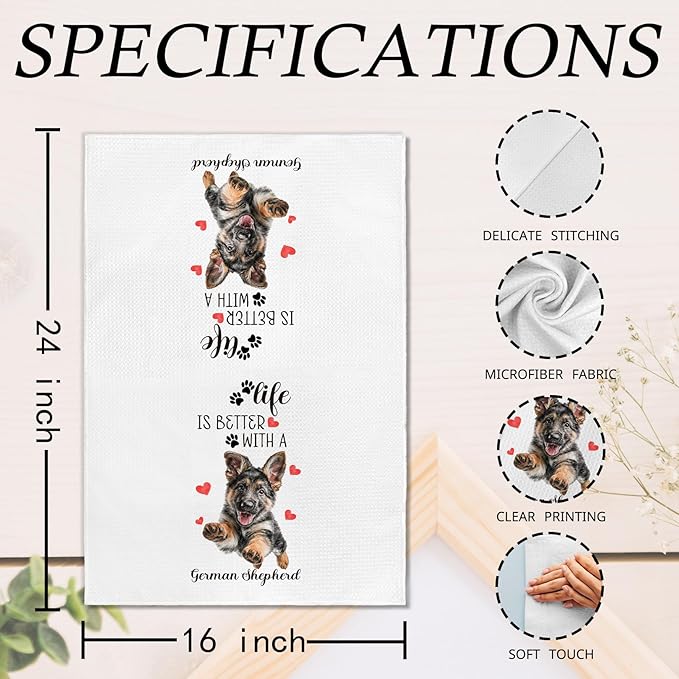 German Shepherd Gifts Kitchen Towels Set of 2, Funny Dog Hand Towels for Bathroom Kitchen Decor, German Shepherd Gifts for Women Dog Lovers, Gift forDog Mom Dishcloths Dish Towel 16X24 Inches
