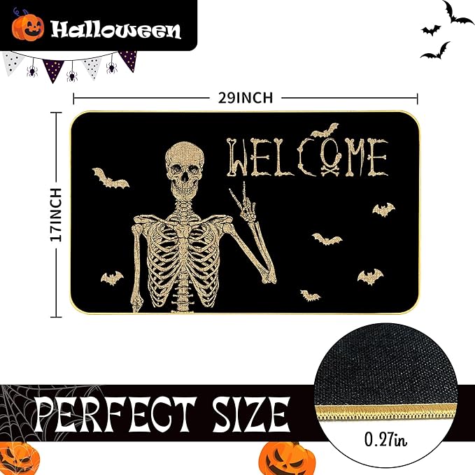 Halloween Skull Doormat - Funny and Spooky Welcome Mat, Low-Profile Non-Slip Entr Door mat Living Room Kitchen Floor Mat Home Halloween Indoor Outdoor Decoration - 17" x 29"