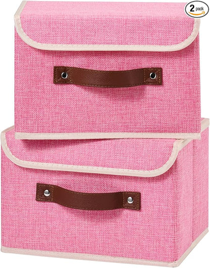 2PCS Storage Boxes with Lid Cotton Linen Fabric Storage Bins Organizer Container Decorative Collapsible Washable Shelf Closet Baskets Faux Leather Handles Home Bedroom (Pink, Small)