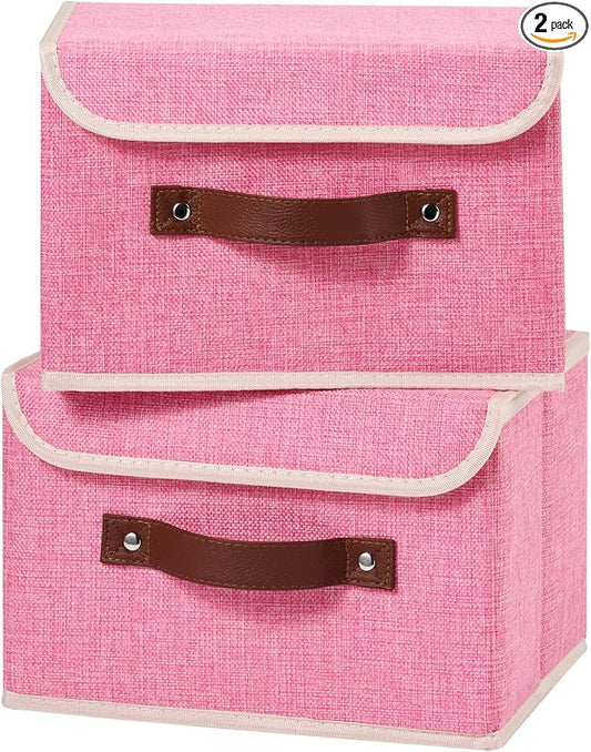 2PCS Storage Boxes with Lid Cotton Linen Fabric Storage Bins Organizer Container Decorative Collapsible Washable Shelf Closet Baskets Faux Leather Handles Home Bedroom (Pink, Small)