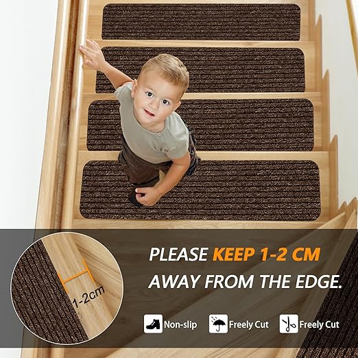 Non-Slip Stair Treads, 7.8" X 30" (15-Pack) Stair Treads Runner Indoor Outdoor, Brown Slip Resistant Stair Tread Mats Step Covers Pads for Elders, Kids and Pets (30" x 7.8", Brown)
