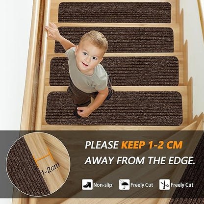 Non-Slip Stair Treads, 7.8" X 30" (15-Pack) Stair Treads Runner Indoor Outdoor, Brown Slip Resistant Stair Tread Mats Step Covers Pads for Elders, Kids and Pets (30" x 7.8", Brown)