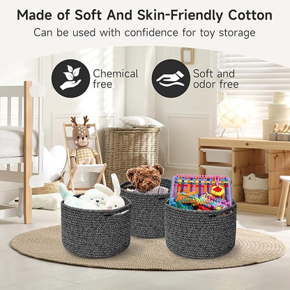 Small Rope Baskets for Storage, Baskets for Gifts Empty, Cute Round Woven Basket, Decorative Shelf Baskets 9.82×9.82×7.1", Cotton Toy Basket Storage Bins for Organizer 3 Packs Black