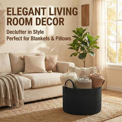 65L Extra Large Blanket Basket for Living Room - Woven Cotton Rope Laundry Hamper with Reinforced Handles - Storage Bin for Pillows, Comforters & Toys - Machine Washable,Black
