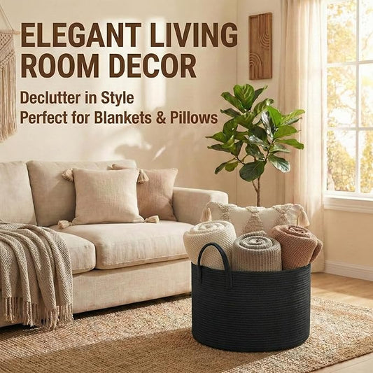 65L Extra Large Blanket Basket for Living Room - Woven Cotton Rope Laundry Hamper with Reinforced Handles - Storage Bin for Pillows, Comforters & Toys - Machine Washable,Black
