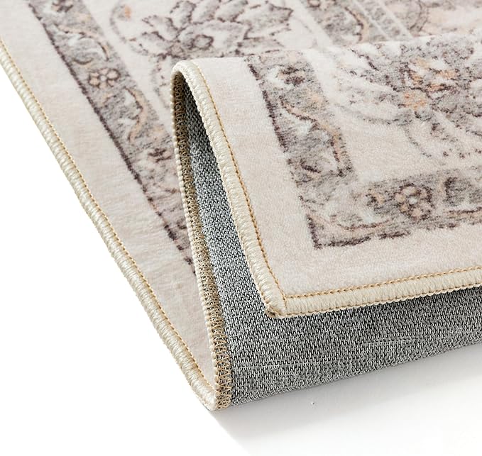 2x6 Runner Rug Beige Washable Hallway Vintage Carpet Kitchen Small Long Non Slip Stain Soft Resistant Low Pile Thin Boho Accent Indoor Throw Rug for Bedroom Laundry Living Room